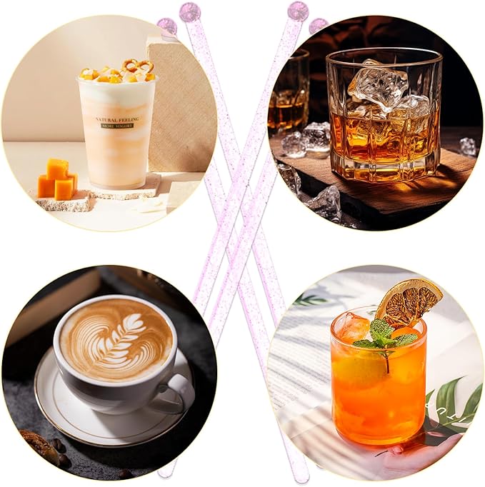 100 Pieces Disposable Plastic Round Top Clear Swizzle Sticks, Crystal Cake Stick, Cocktail Coffee Drink Stirrers Valentines Day 7.24 Inch (Pink)