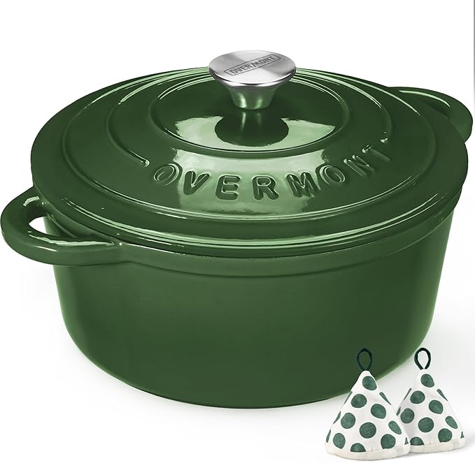 Overmont Enameled Cast Iron Dutch Oven - 5.5QT Pot with Lid Cookbook & Cotton Potholders - Heavy-Duty Cookware for Braising, Stews, Roasting, Bread Baking Glossy Green