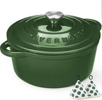 Overmont Enameled Cast Iron Dutch Oven - 5.5QT Pot with Lid Cookbook & Cotton Potholders - Heavy-Duty Cookware for Braising, Stews, Roasting, Bread Baking Glossy Green