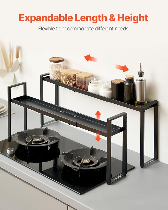 VEVOR Over the Stove Shelf, Adjustable 27-33Inch Spice Organizer, 4 Level Expandable Height Spice Rack for Kitchen Stove Top, Spice Organizer, Countertop Seasoning Organizer Storage Solution, Black