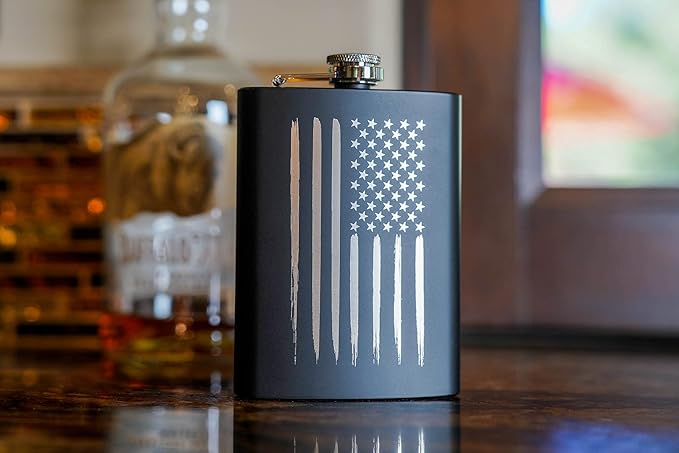 American Flag 8 oz Flask | Stainless Steel Hip Flask for Liquor – Matte Black, Great Gift Idea for Veterans