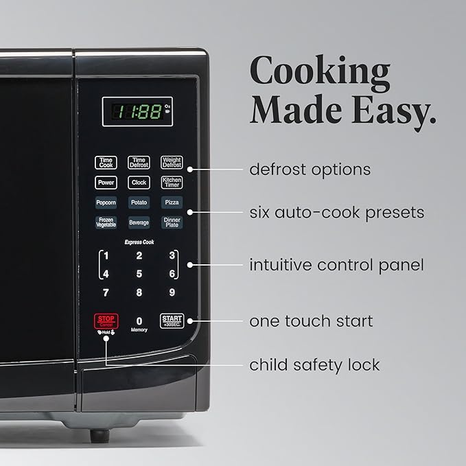 Farberware FM09BKA Compact Countertop Microwave Oven 0.9 Cu. Ft. 900-Watt with LED Lighting, Child Lock, Easy Clean Grey Interior, Black