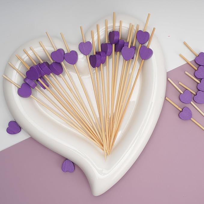 Minisland Purple Love Heart Cocktail Picks, 4.7 Inch Long Bamboo Fancy Toothpicks for Appetizers, Decorative Bridal Shower Wedding Valentines Party Food Drinks Fruit Skewer Sticks 100 Counts -MSL443
