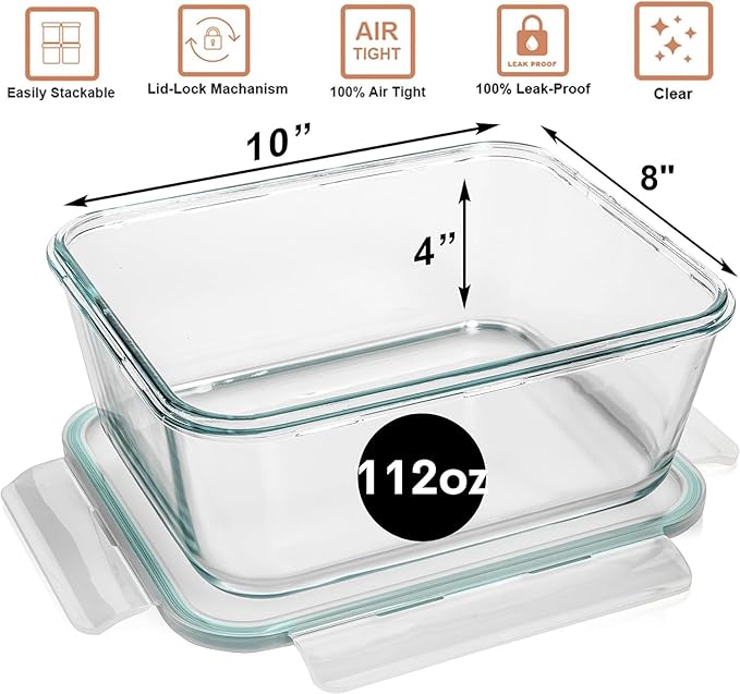 Razab 3300 ml / 112 oz Large Glass Food Storage Containers with Lids, Airtight, Leakproof, BPA Free - Ideal for Meal Prep, Store Leftover & Lunch, Baking Casserole - Freezer, Microwave & Oven Safe