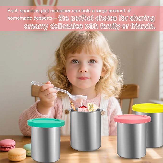 Stainless Steel Pint Containers & Lids Compatible with Ninja Creami ice Cream Maker NC500, NC501, CN501CO Delux Series– 2 Pack, 24 oz, Silicone Lids, BPA-Free, Dishwasher Safe