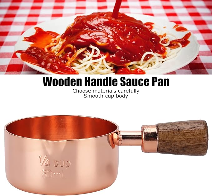 Mini Sauce Pan, Stainless Steel Butter Warmer with Pour Spout and Wooden Handle Rose Gold Melting Pot for Making Sauces, Chocolate Melting, Coffee Tea Soup Warming(1/4cup)
