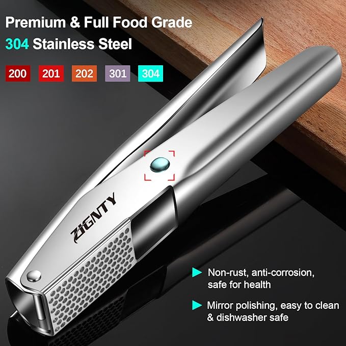 Garlic Press Stainless Steel，Professional Garlic Mincer Tool No Need to Peel，Dual Lever-Assisted Garlic Masher with Large Chamber，High Effective Garlic Crusher & Garlic Presser Dishwasher Safe