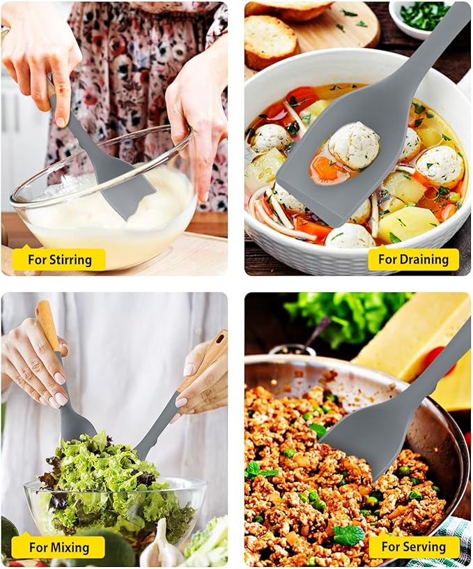 Pack of 2 Large Silicone Cooking Spoons, Heat Resistant Non Stick Kitchen Utensils with Wooden Handle, Ideal for Mixing, Stirring, Serving, Cooking(GRAY)