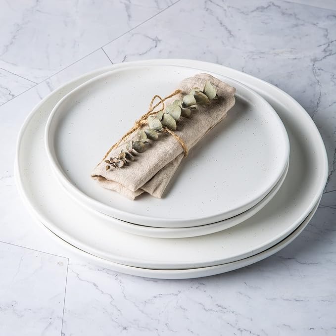 AmorArc Dinner Plates Set of 4, Handcrafted Porcelain Wavy Rim 10.5 Inch Modern Ceramic Plates Set, Dinnerware Dishes for Kitchen-Microwave&Dishwasher&Oven Safe, Chip resistant-Speckeld White
