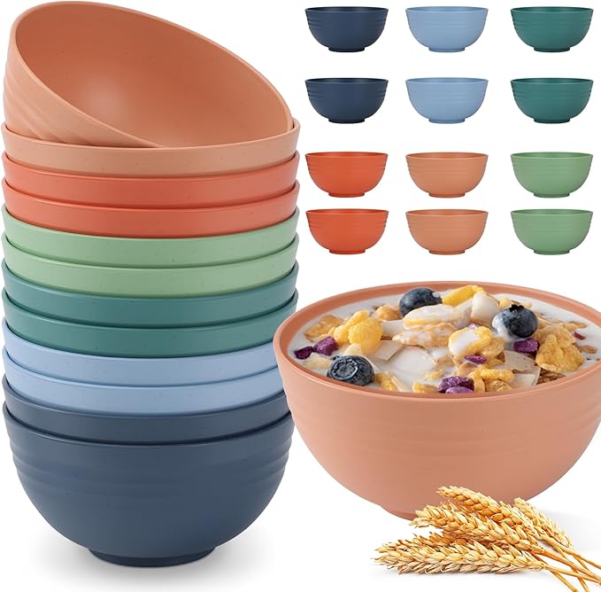 HOTEC 12-PACK BPA Free Unbreakable Plastic Cereal Bowls - Microwave & Dishwasher Safe Soup Salad Camping Bowls, 26OZ, Multicolor