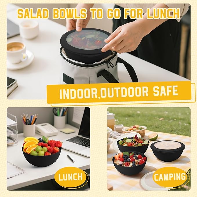 Homienly Wheat Straw Bowls with Lids, Unbreakable 40 OZ Salad Container for Lunch, Dishwasher Safe Cereal Bowl for Kitchen, Camping, Picnic, 8 Piece Plastic Bowl Set includes 4 Bowls and 4 Lids, Black