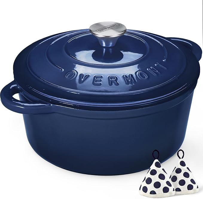 Overmont Enameled Cast Iron Dutch Oven - 5.5QT Pot with Lid Cookbook & Cotton Potholders - Heavy-Duty Cookware for Braising, Stews, Roasting, Bread Baking Indigo Blue