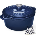 Overmont Enameled Cast Iron Dutch Oven - 5.5QT Pot with Lid Cookbook & Cotton Potholders - Heavy-Duty Cookware for Braising, Stews, Roasting, Bread Baking Indigo Blue