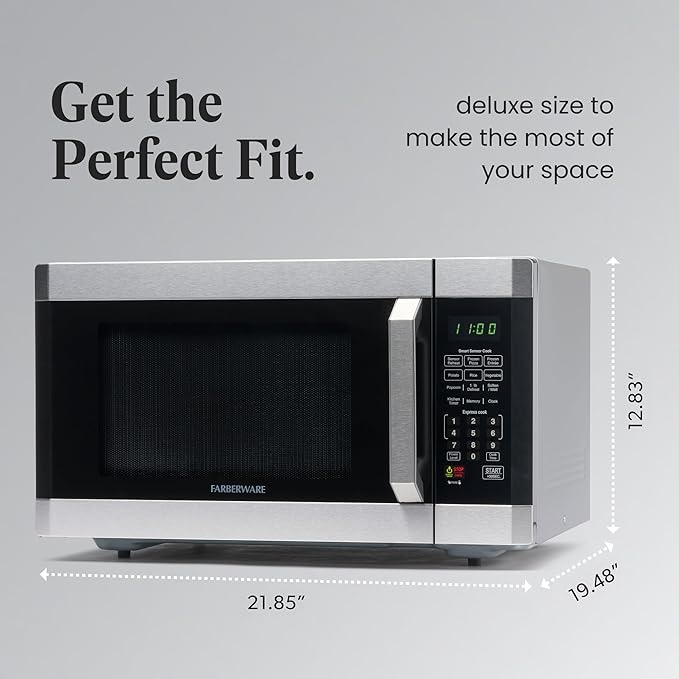 Farberware Countertop Microwave 1100 Watts, 1.6 cu ft - Smart Sensor Microwave Oven With LED Lighting and Child Lock - Perfect for Apartments and Dorms - Easy Clean - Stainless Steel