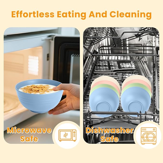Homienly Wheat Straw Bowls, Unbreakable Cereal Bowls Microwave Safe, 8 PCS Lightweight Stackable Snack & Soup Bowls for Kitchen, Camping, Party, Dishwasher Safe Plastic Bowl Alternative (Light, 26oz)