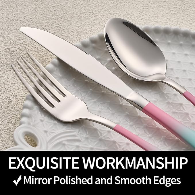 20-Pieces color Silverware Sets for 4,Pink and Green Handle Stainless Steel Cutlery Set, Include Forks Spoons and Knives Set, Dishwasher Safe Utensil Sets for Home Restaurant