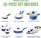 GreenLife 16 Piece Nonstick Cookware Set, Soft Grip Non-Toxic PFAS-Free Ceramic Pots & Pans, Dishwasher & Oven Safe, Frying, Sauce, Saute, Utensils, Glass Lids, Stay-Cool Handles, Wobble Free, Blue