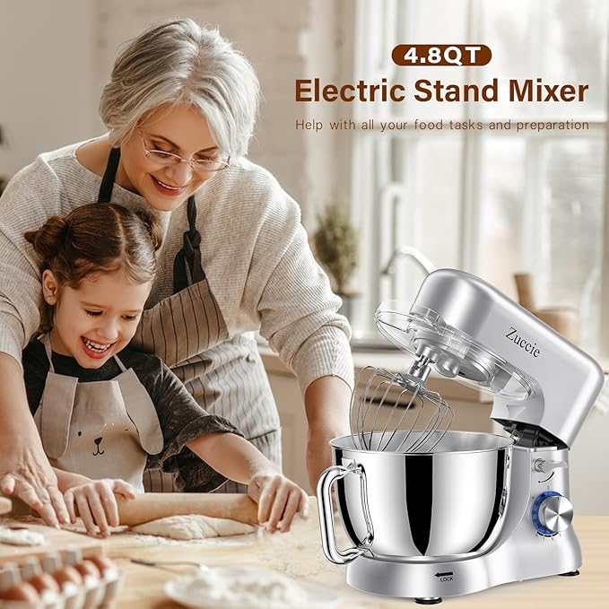 Stand Mixer, Zuccie 4.8QT Kitchen Electric Stand Mixer, 380W Motor Power Food Mixer, 8+P-Speed Dough Mixer with Dough Hook, Wire Whip & Beater, Silver