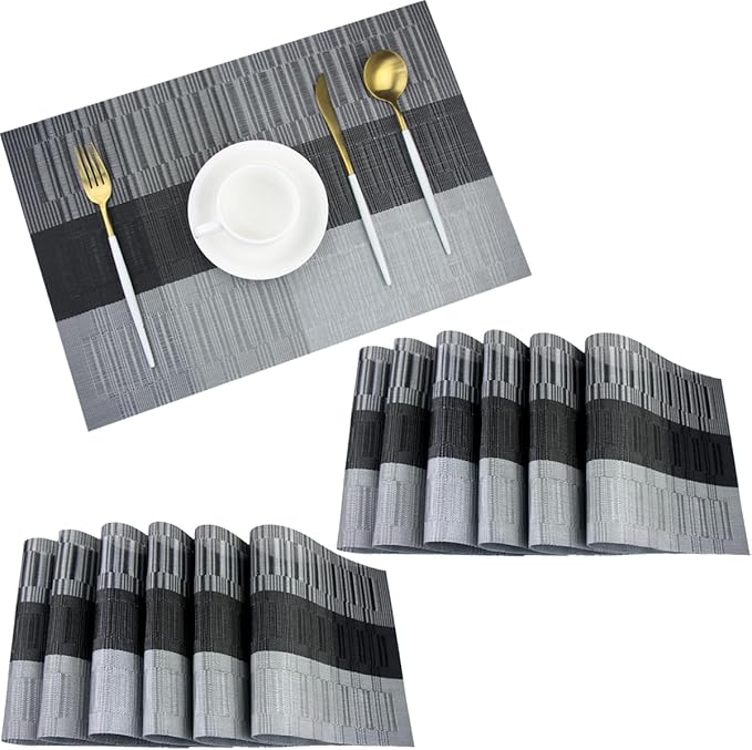 PIGCHCY Vinyl Placemats Set of 12 Washable Durable Kitchen Place Mats Easy to Clean Plastic Placemats for Dining Table (Black)