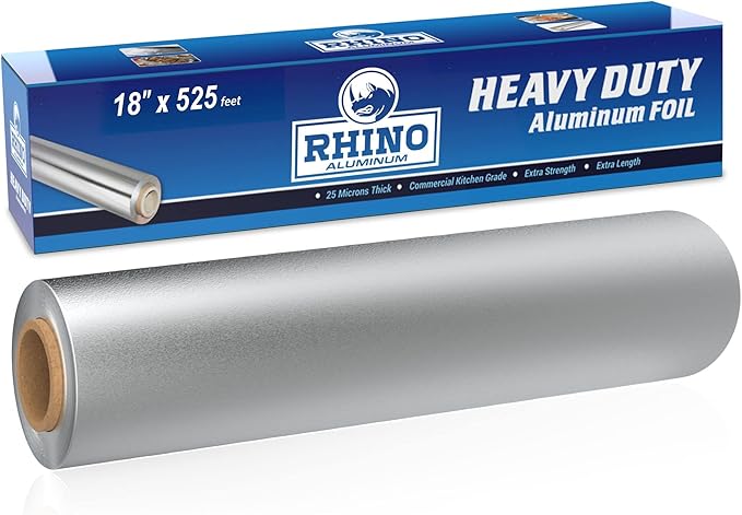 Rhino Aluminum Heavy Duty Aluminum Foil - 18 x 525 sf Roll, 25 Microns Thick - Commercial Grade & Extra Thick, Strong Enough for Food Service Industry (Pack of 1)