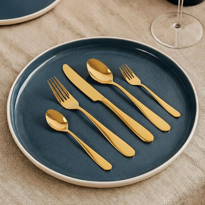 London Silverware Set, 30 Piece Forged Flatware Set Cutlery Set Premium Stainless Steel, Service for 6, for Kitchen, Home, Wedding, Party, Mirror Polished Dishwasher Safe (Matte Gold)