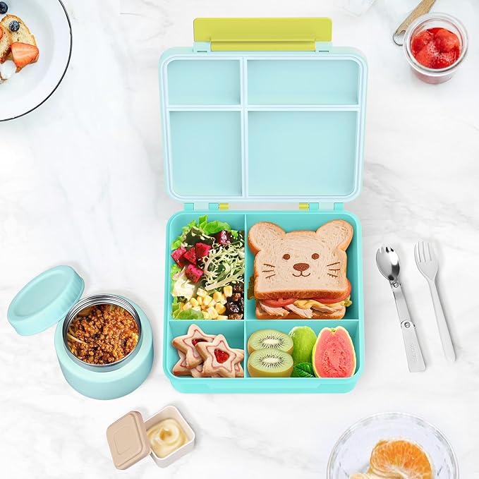 Lunch Box Kids Box Bento Box for Kids - 9oz Soup Thermo, Insulated Bento Lunch Box with Leak Proof Vacuum Insulated Food Jar - 5 Compartments((Blue Sky)