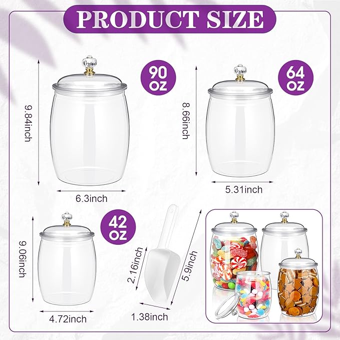 Nuogo 4 Pcs Plastic Candy and Cookie Jars with Lids Clear Cookie Container Candy Jars Large Airtight Apothecary Storage Organization for Wedding Home Kitchen Bar(42/64/90 oz)