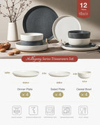 Famiware Milkyway Plates and Bowls Sets, 12 Pieces Dinnerware Sets, Reactive Glaze Dish Set, Stoneware Dishes Set for 4, Matte White & Matte Dark Charcoal