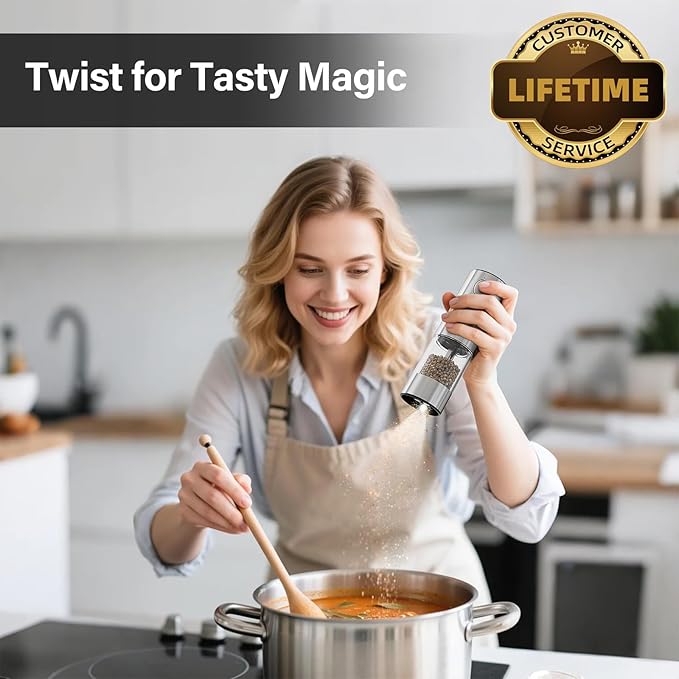 Electric Salt and Pepper Grinder Set Rechargeable, Automatic Salt and Pepper Grinder Set for Kitchen, USB Charging Base & LED Light, Adjustable Coarseness, Stainless Steel