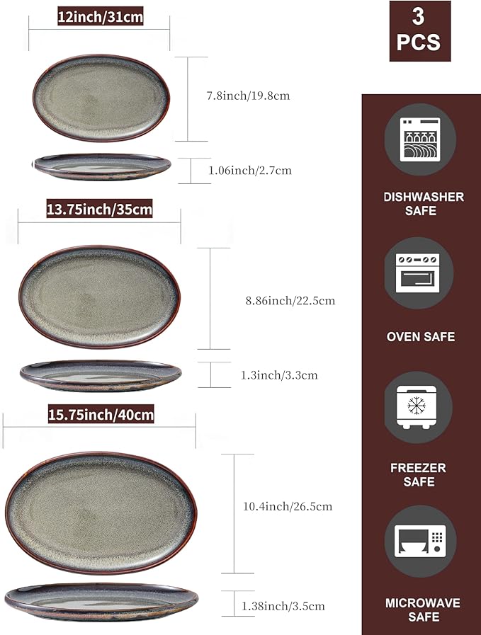 Ceramic Large Serving Platters- Set of 3 Oval Platters for Entertaining. Modern Kitchen Dishes for Dinner, Fruit, Salad, Turkey, etc. Oven, Dishwasher Safe, 15.75" / 13.75" /12",Caramel Brown