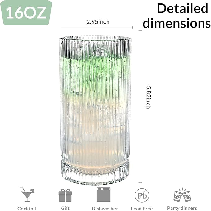 Vintage Ribbed Glassware Set, 16oz Drinking Glasses, Origami Style Set of 4, Fluted Design, Ideal for Water, Iced Coffee, Juice, Beer, Milk, Gift (16oz)