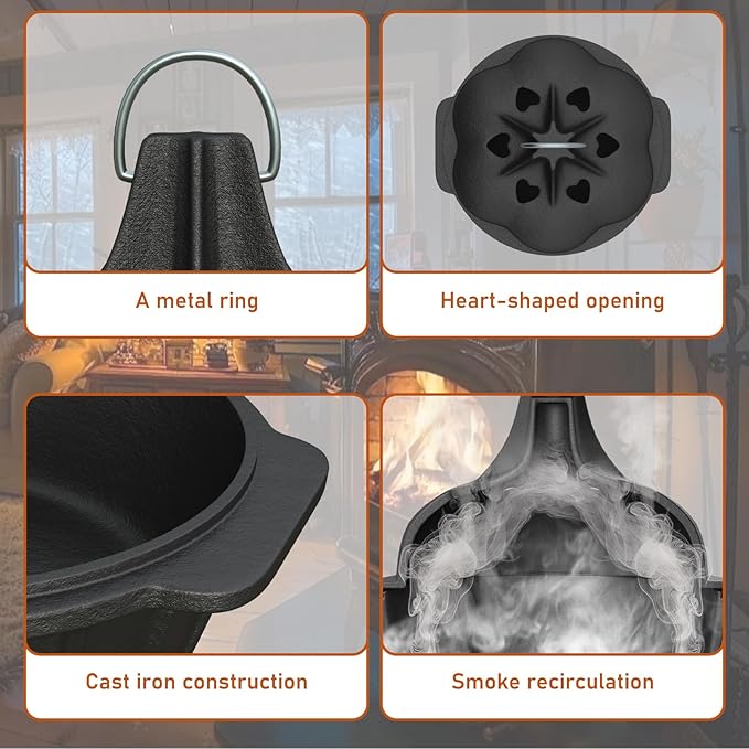 Wood Stove Steamer & Woodstove Steamer Stove Humidifier Cast Iron,2.4 Qt Round Fireplace Humidifier & Simmer Pots with Heart-shaped Vent At The Top Covers (Round-2)