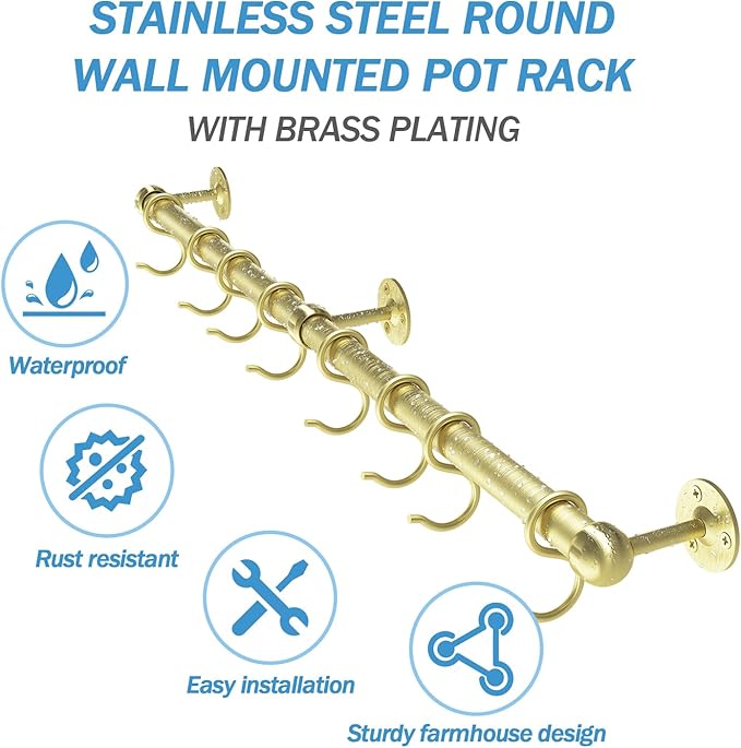 ROTHLEY Stainless Steel Hanging Pot Rack Hanger: 23.7 Inch Brass Pot and Pan Hanger Wall Mounted Hanging Pot Bar Rack Heavy Duty Pot Hangers Kitchen Rail with 8 S Hooks