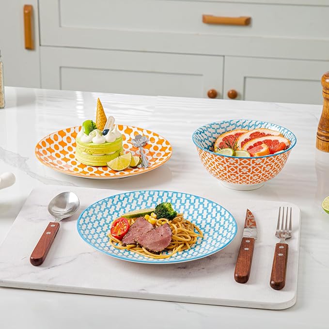Ceramic Salad Plates Set - 8.5 Inch Small Round Dinner Dishes for Dessert Pasta Appetizer Sandwich - Scratch Resistant Porcelain Microwave Dishwasher Safe - Set of 6 - Assorted Colors