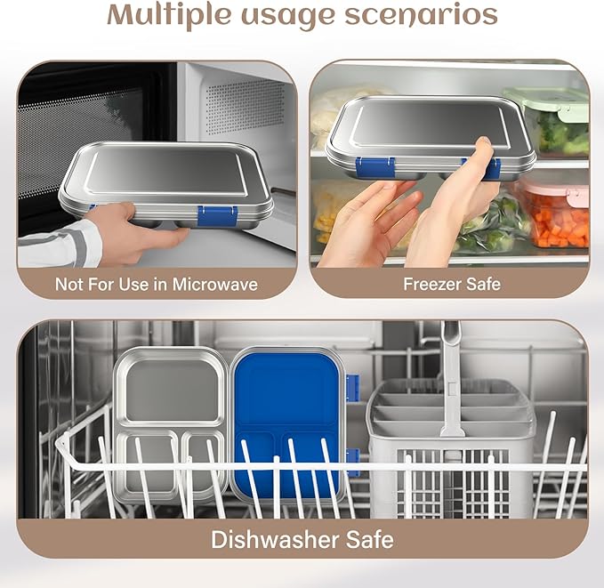 Stainless Steel Bento Box Kids, 3 Compartments Leak Proof Metal Bento Lunch Box, 304 Stainless Steel Bento Lunch Containers for School and Office,Dishwasher Safe, BPA-Free-Blue