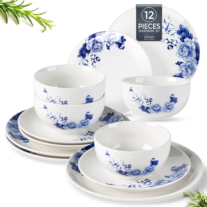 LERATIO Ceramic Dinnerware Sets,Blue and White Plates and Bowls Set,Highly Chip and Crack Resistant | Dishwasher & Oven & Microwave Safe | Round Dishes Set Service for 4 (12pc)- Peony