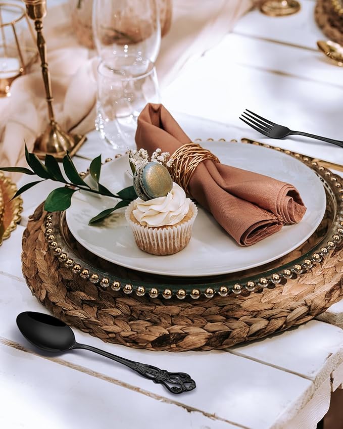 EUIRIO 30 Pieces Royal Silverware Set for 6, Retro Gorgeous Black Flatware Set, Premium Stainless Steel Vintage Cutlery Set with Forks Spoons and Knives, Dishwasher Safe