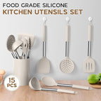 Silicone Cooking Utensils Set of 15, Kitchen Utensils Set with Holder for Nonstick Cookware, 446°F Heat Resistant Stainless Steel Handle - Khaki