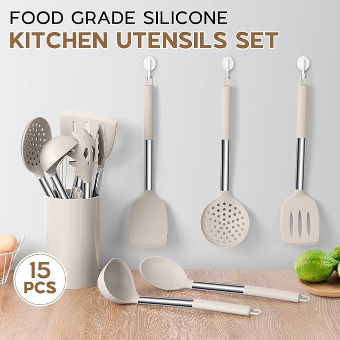 Silicone Cooking Utensils Set of 15, Kitchen Utensils Set with Holder for Nonstick Cookware, 446°F Heat Resistant Stainless Steel Handle - Khaki