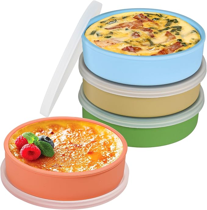 Webake 4 Inch Silicone Air Fryer Egg Molds with Lids, 4 oz Creme Brulee Dishes Shallow Ramekins, Food Storage, Microwave Egg Poacher, Set of 4
