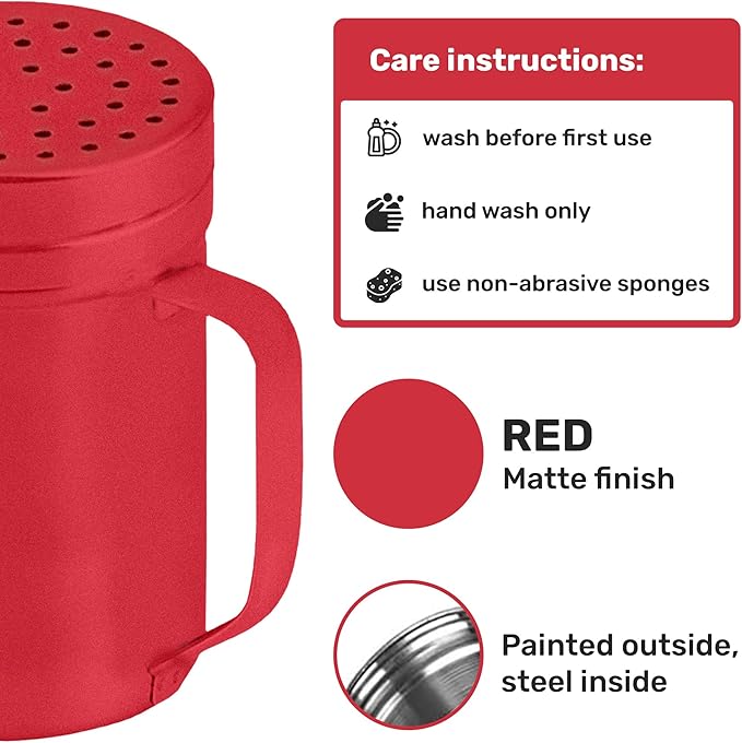 CUSINIUM 14oz Red Stainless Steel Salt Pepper Dredge Shakers - With Plastic Cap - With Handle - Pack of 2