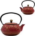Cast Iron Teapot Tea Kettle with Stainless Steel Infuser for Stovetop Safe Coated with Enameled Interior Japanese Red Tetsubin with Maple Leaves Pattern(30.4oz/900ml)