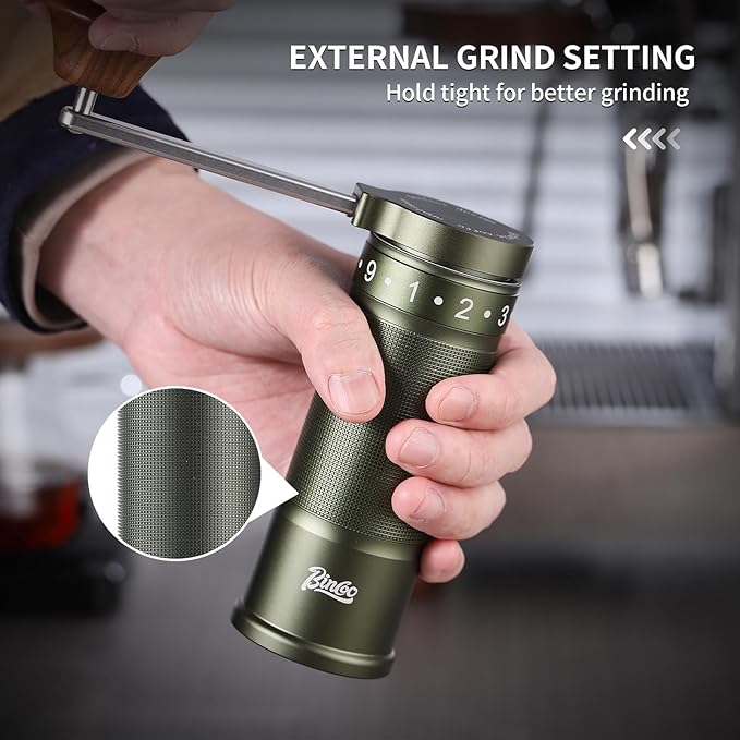Bincoo Manual Coffee Grinder with Foldable Handle– External Setting Hand Coffee Grinder with Steel Burr,Compact and Portable for Home/Travel/Camping(Green)
