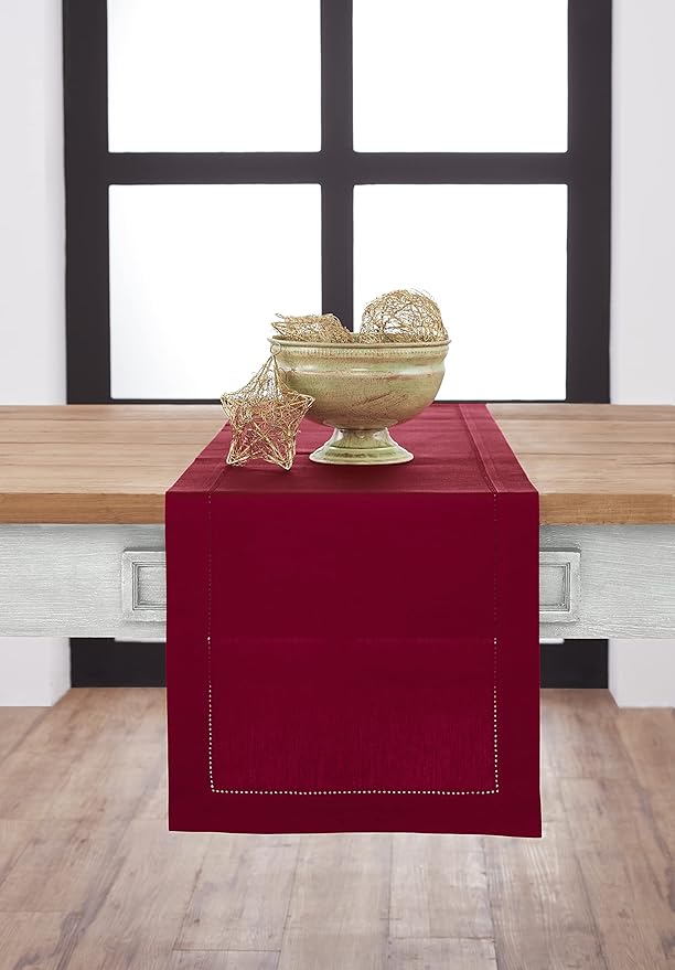 Solino Home Red Table Runner 36 Inches - Cotton Linen Hemstitch Coffee Table Runner 14 x 36 Inch Ideal for Dresser Tables - Summer, Fall, Autumn, Halloween