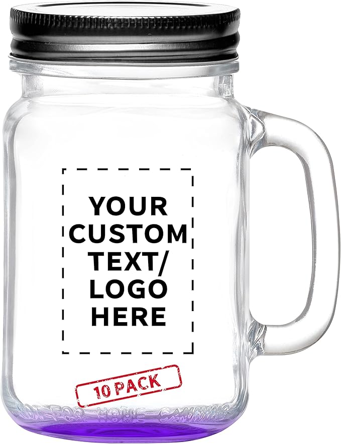 DISCOUNT PROMOS Custom Libbey Handle Mason Jars w/Lids 16 oz. Set of 10, Personalized Bulk Pack - Traditional style, High standard - Purple