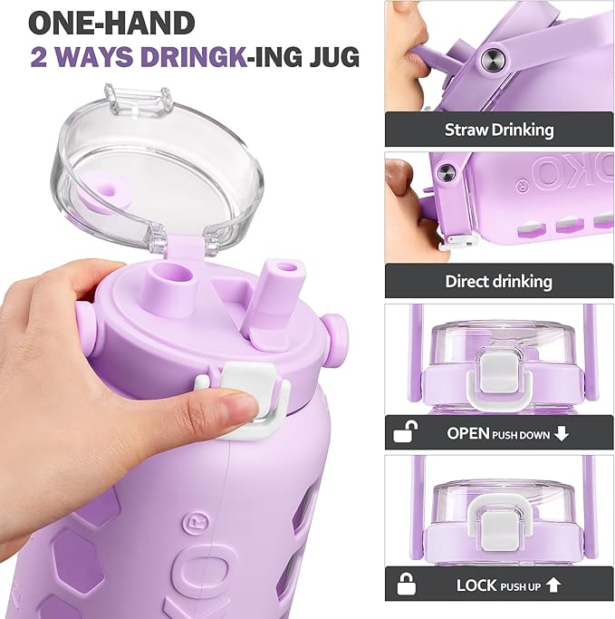 MUKOKO Half Gallon/64 oz Glass Water Bottles with Straw and Lid,Motivational Water Jug with Time Marker Reminder and Silicone Sleeve,100% Leakproof BPA Free Fitness Sports Large Bottle-Purple