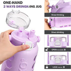 MUKOKO Half Gallon/64 oz Glass Water Bottles with Straw and Lid,Motivational Water Jug with Time Marker Reminder and Silicone Sleeve,100% Leakproof BPA Free Fitness Sports Large Bottle-Purple