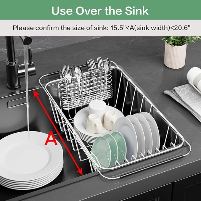 Small Dish Drainer Rack in Sink Adjustable, Expandable Stainless Steel Metal Dish Drying Rack Organizer with Stainless Steel Utensil Holder Over Inside Sink Counter, Rustproof(for 1-2 People)