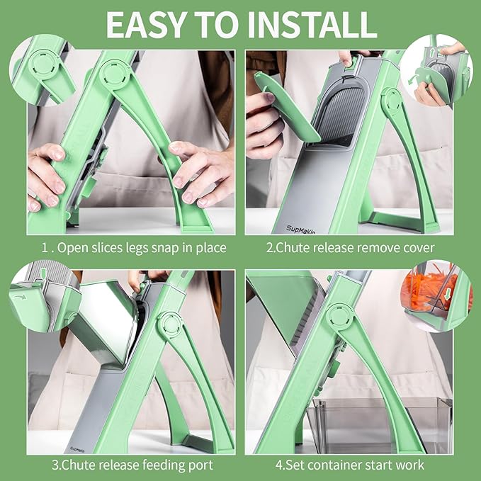 Upgrade Safe Mandoline Slicer for Kitchen, SupMaKin Bigger Entrance Vegetable Food Slice Potato Slicer Chopper, Adjustable Thickness Multi Mandolin, Julienne + Dicer Kitchen Must Haves Green