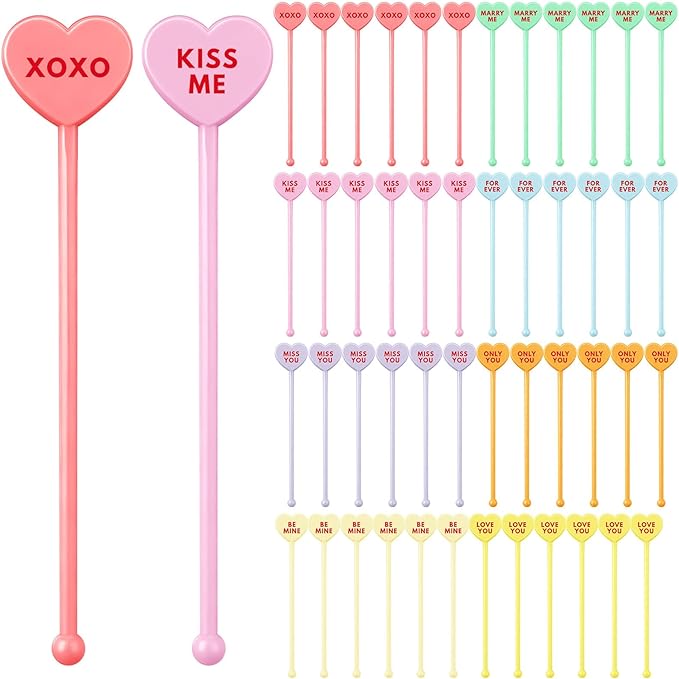 48 Pcs Valentine Conversation Candy Heart Drink Stirrers Reusable Plastic Cocktail Swizzle Sticks Wedding Cocktail Mixers for Bar Engagement Anniversary Valentine Party Supplies
